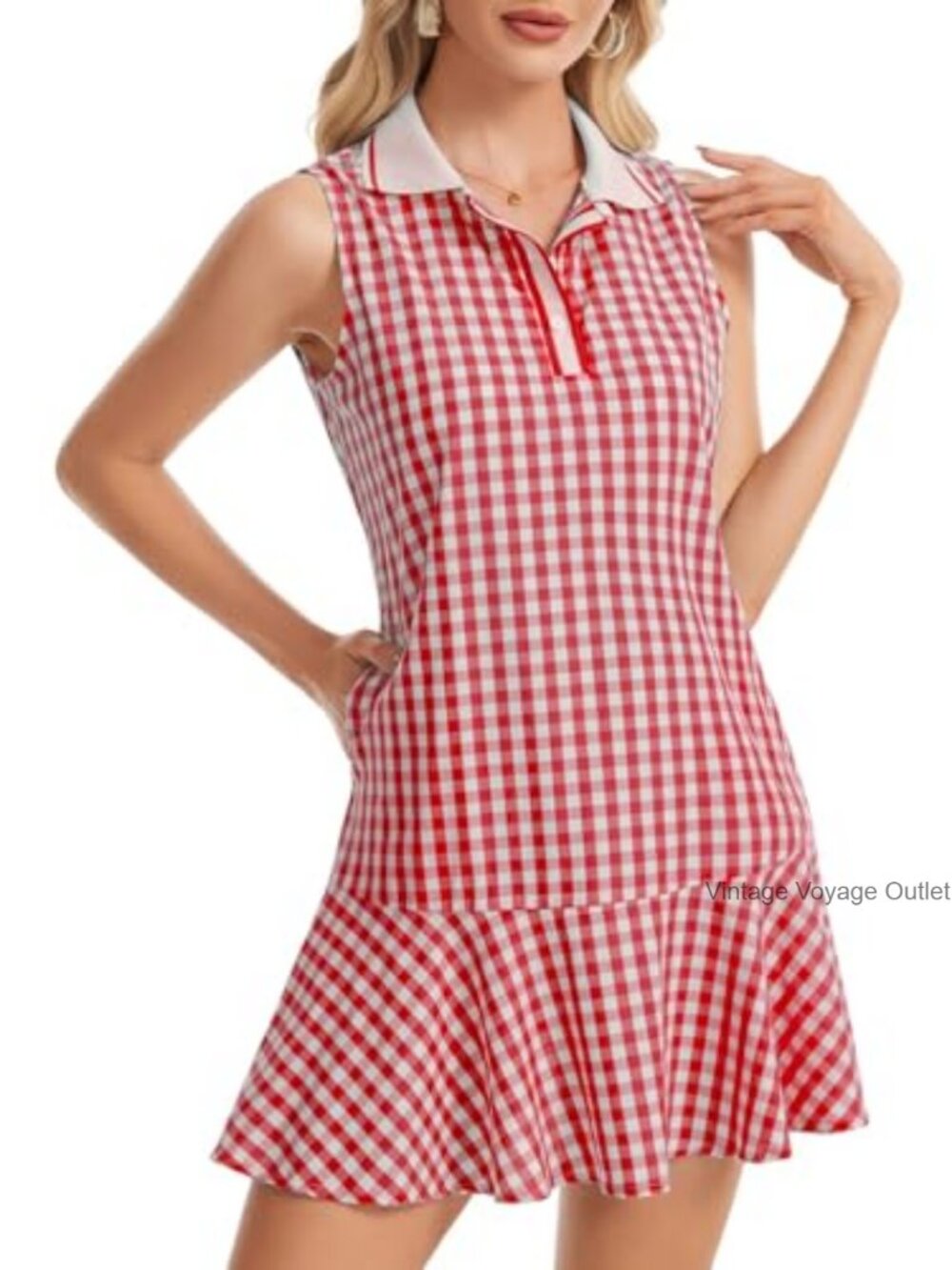 Women's Gingham Polo Dress V Neck Sleeveless Plaid Tennis Dress Ruffled Hem - Picture 4 of 7